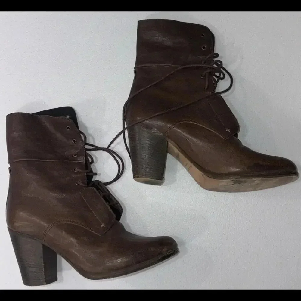 Rag & Bone Heeled Brown Boho Classic Designer Lace Up Italian Leather Boots 39.5